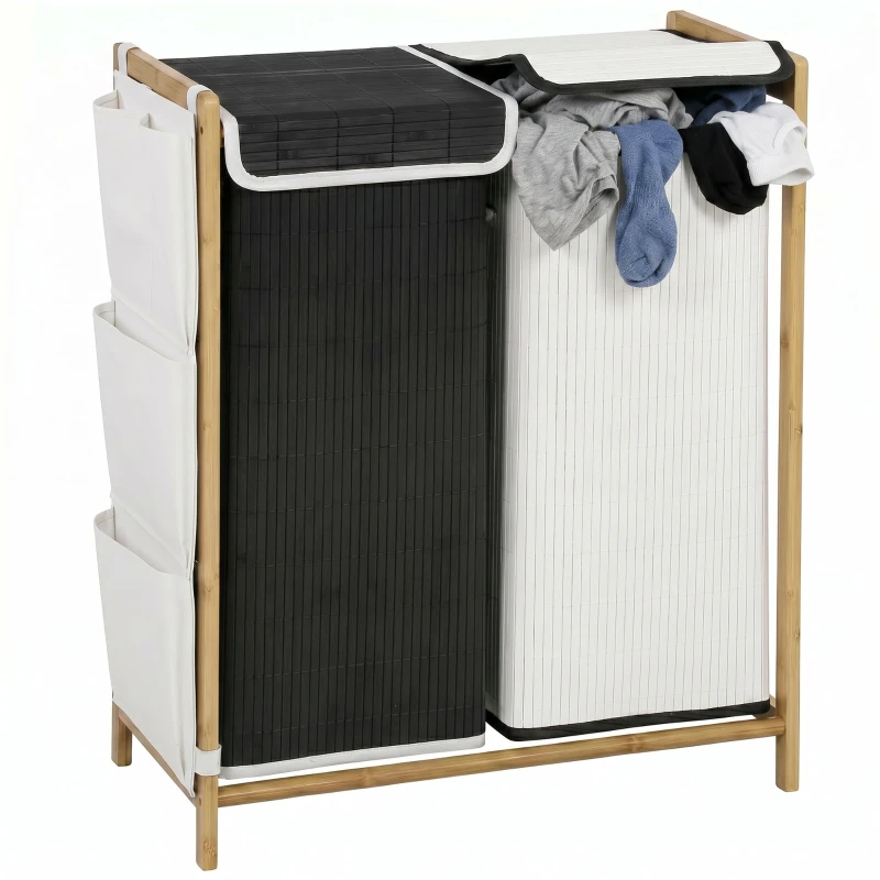 120L (31.7 gal) Bamboo Laundry Hamper with Lid — 2 Compartments, Removable Washable Drawstring Bags, Side Pockets — Black & White, 25 x 13 x 30.7 in