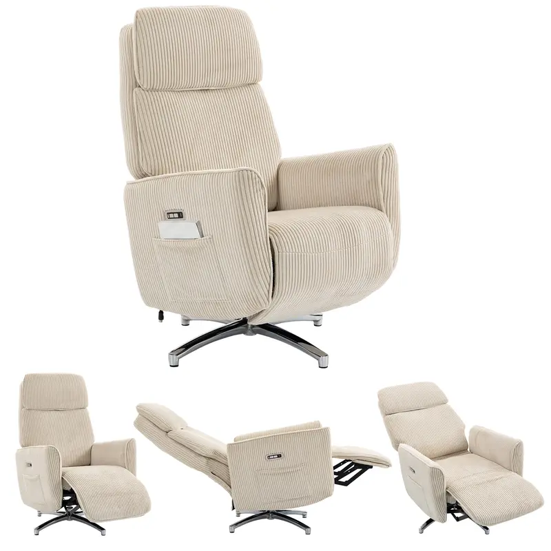 HOMCOM Fauteuil relax électrique pivotant double moteur — USB‑A & USB‑C, appui‑tête réglable, velours côtelé, crème