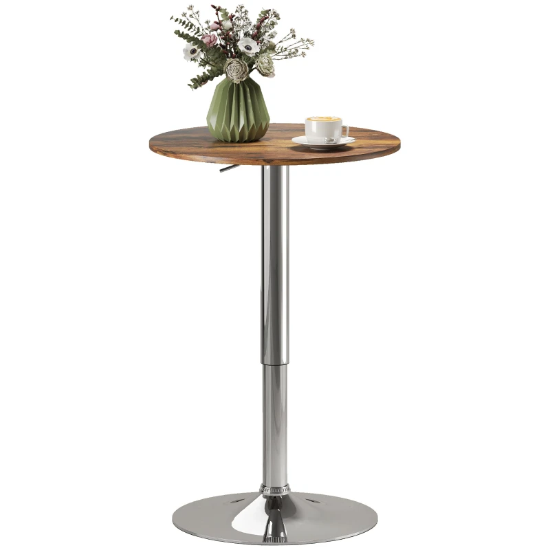 Adjustable Bistro Bar Table, 67–93 cm (26.4–36.6 in) Height, 60 cm (23.6 in) 360° Swivel Top, Chrome Metal, Brown
