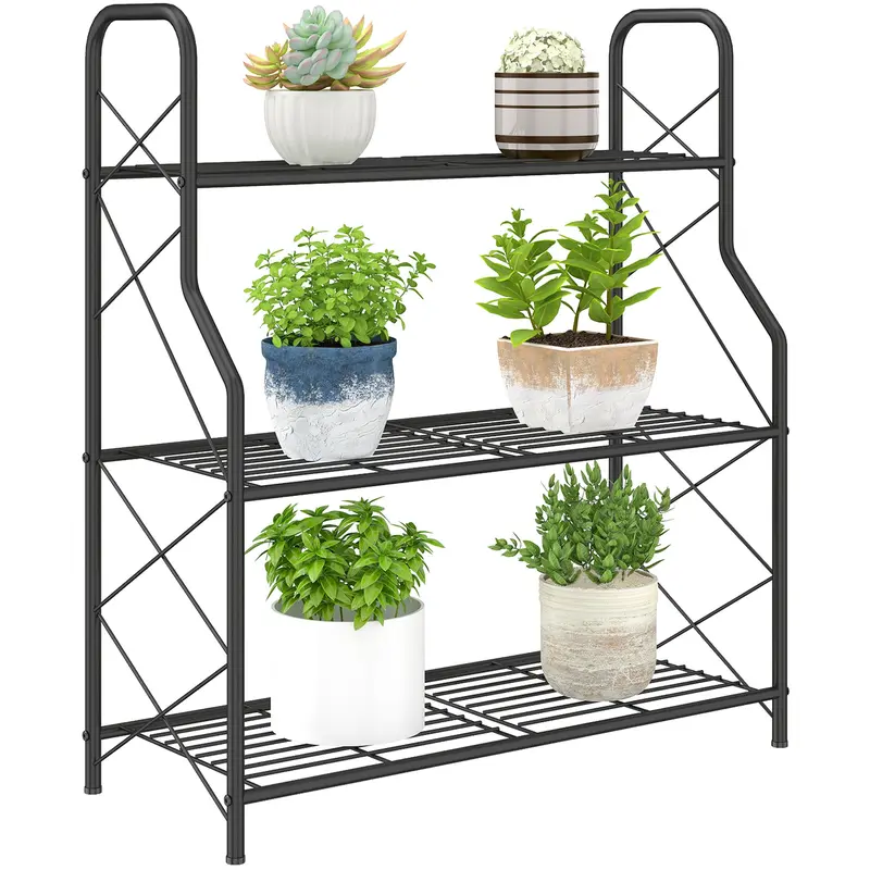 3-Tier Metal Plant Stand for Indoor & Outdoor — Adjustable Feet & Handles, Stable and Durable, for Pots, Patio, Garden, Balcony, Black