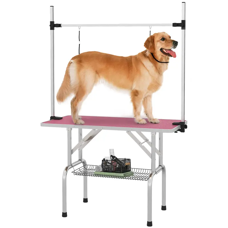 Folding Pet Grooming Table with Metal Mesh Basket, Non-Slip Top, Adjustable Stainless Steel Arm — For Dogs & Cats, 107 x 60 x 164 cm (42.1 x 23.6 x 64.6 in), Pink