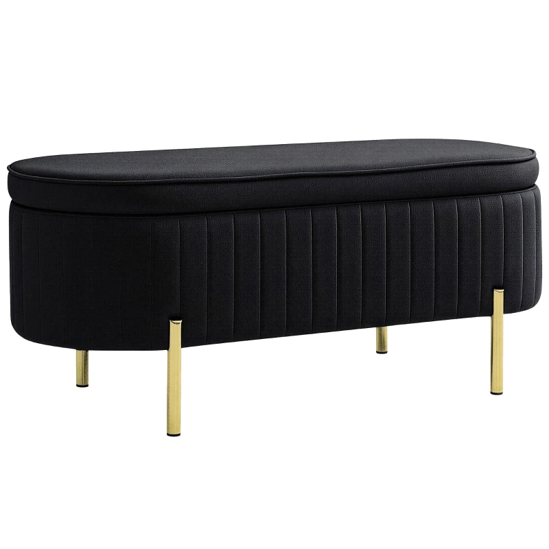 Oval Quilted Velvet Storage Bench, 72 L Lift-Up Lid, Padded Seat, Pine Frame, 42.5 x 17.3 x 17.1 in (108 x 44 x 43.5 cm), Black