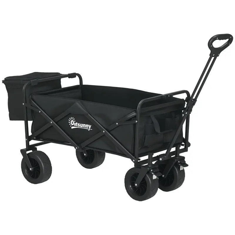 Garden Cart with Detachable Cooler Bag Folding Beach Cart with Adjustable Handle Length and Angle and Carrying Bag Load 100 kg for Shopping Black