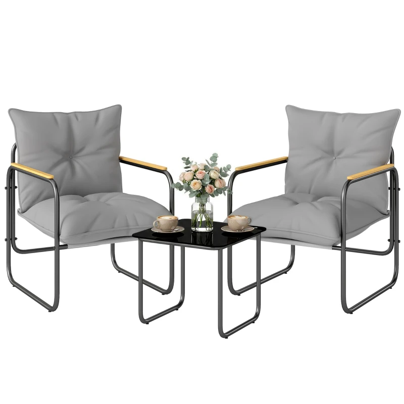 3-Piece Bistro Set – Glass Table & 2 Mesh Chairs with Thick Cushions, Dark Gray, Wood-Effect Arms, Compact Balcony/Patio Set