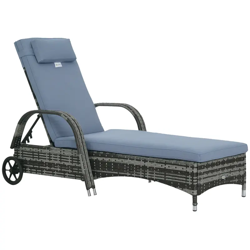Transat en Rotin Outsunny avec Dossier Réglable 5 Positions, Coussin, Roues, Oreiller, Chaise Longue de Relaxation 160 kg pour Jardin, 200x73x30-103cm, Gris