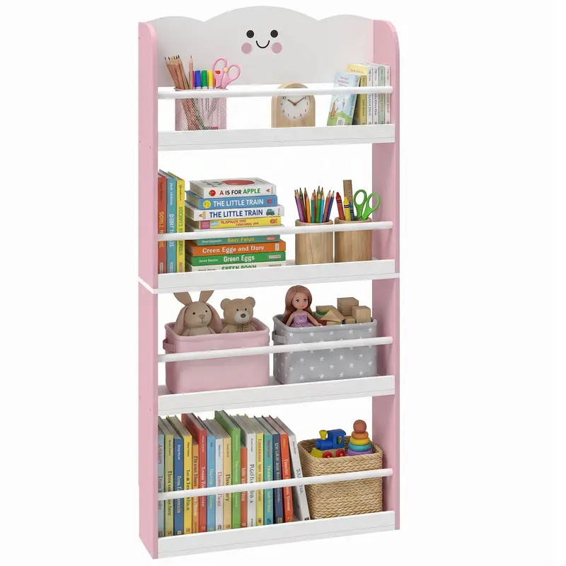 Wall-Mounted Kids Bookshelf, 4-Tier Pink Cotton Candy-Themed Storage Shelf for Playroom & Bedroom