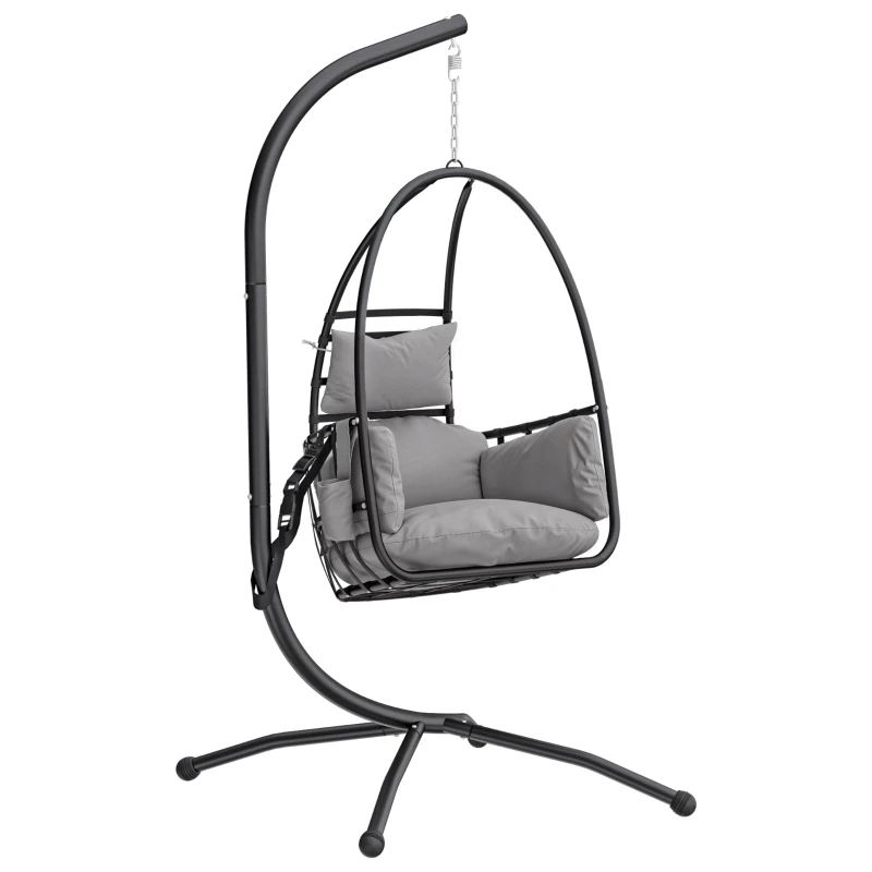 Hanging Egg Chair with Stand, Foldable Basket Swing, Headrest & Cushion, Side Pocket, Indoor/Outdoor Hanging Chair, 265 lb Capacity, Dark Gray