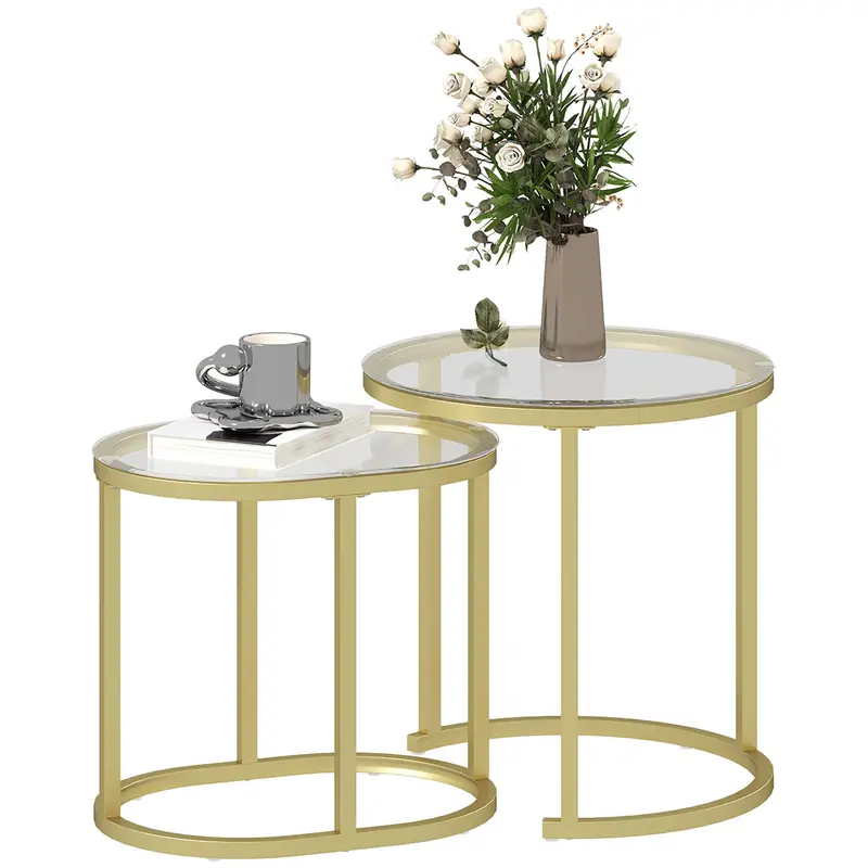 HOMCOM Kaffeetisch Rund 2-teiliger Set Stapelbare Beistelltische mit Stahlrahmen, Wohnzimmertisch Kaffeetisch für Wohnzimmer Schlafzimmer Gold