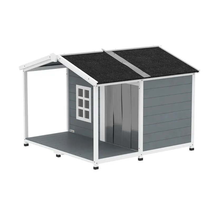 Waterproof Wooden Outdoor Dog House — 40.6 x 42.1 x 32.9 in (103 x 107 x 83.5 cm) Elevated Kennel with Lift-Up Asphalt Roof, Porch & Window — Gray — For Medium Dogs up to 44 lb
