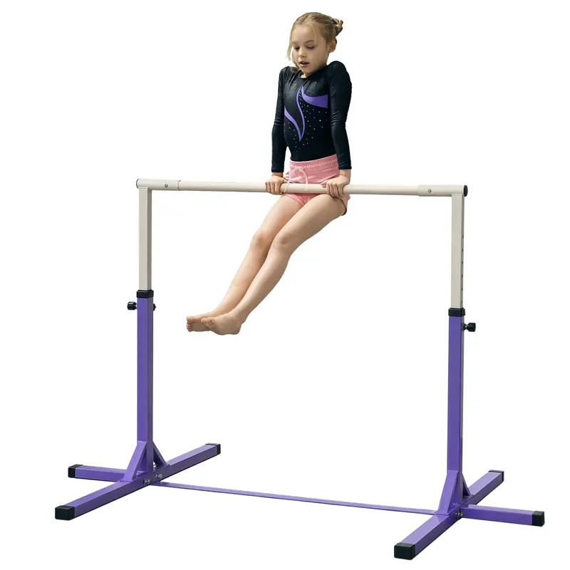 Barre de Gymnastique HOMCOM pour Enfants à Partir de 3 Ans - Barre d'Entraînement Réglable en Hauteur 92-150 cm - Barre de Gymnastique Horizontale Charge 75 kg 194x121x150 cm Violet