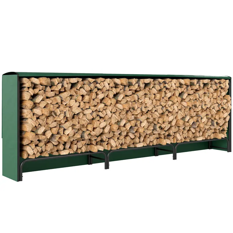Outdoor Metal Log Store with Waterproof Cover, Adjustable Frame, Raised Rack, 1 m³ (300 x 36 x 99 cm) — Black & Dark Green