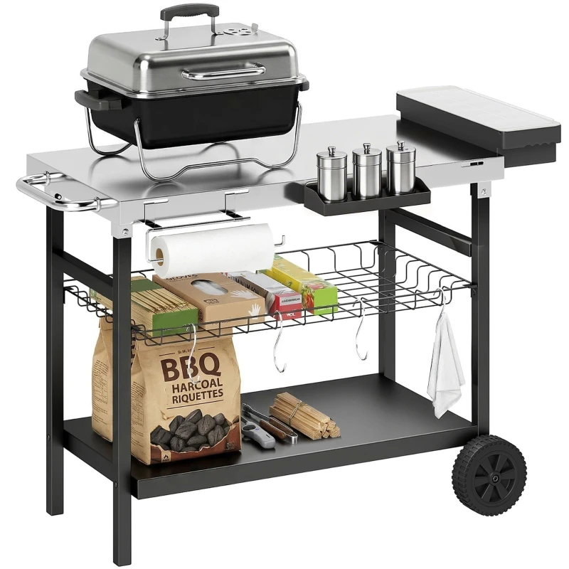 3-Tier Outdoor Serving Cart with Stainless Steel Worktop, Removable Mesh Basket, Open Shelves, Spice Box, 2 Wheels, 4 Hooks, Side Handle — Black