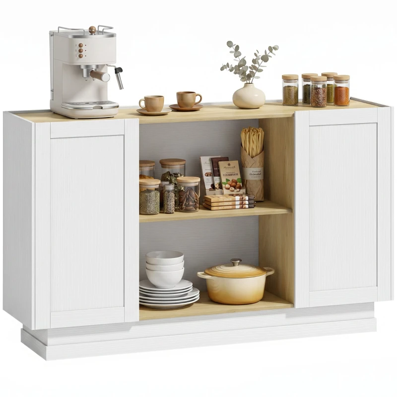 Rustic Sideboard Buffet, 2 Doors & 2 Open Shelves, 52.4 x 13.8 x 31.4 in, Natural Wood & White