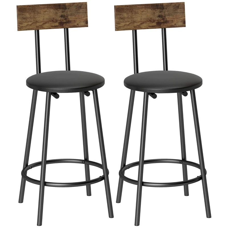 Set of 2 Bar Stools – Counter Height Kitchen Stools with Back & Footrest, PU Upholstered, Metal Frame, 23.6 in Seat, Black