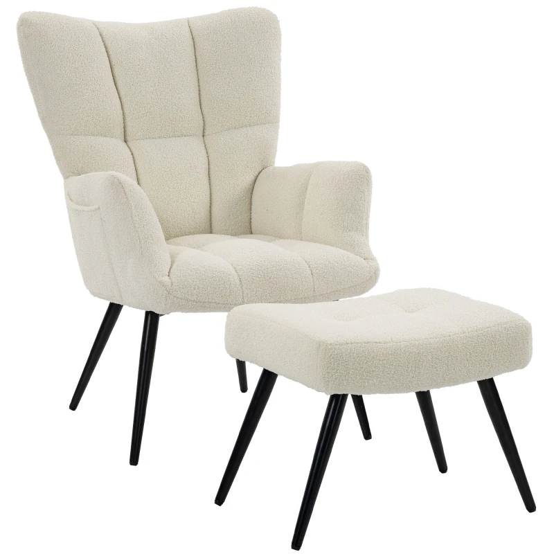Beige Teddy Plush Accent Chair with Ottoman — Tufted High Back, Side Pockets, Steel Legs