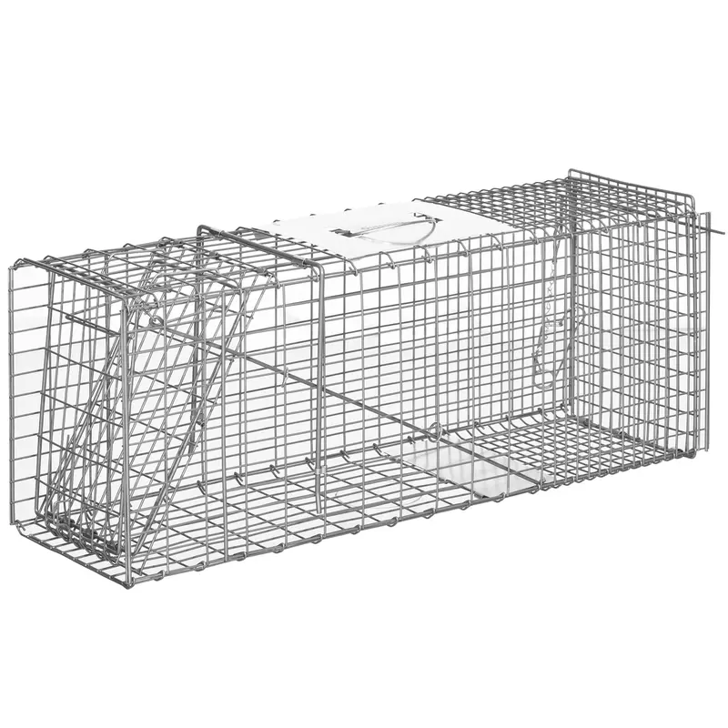 Piège à animaux vivants pliant Outsunny 81x26x34,5 cm Cage de capture en fil avec porte et poignée pour lapins, chats, rats et rongeurs Argent