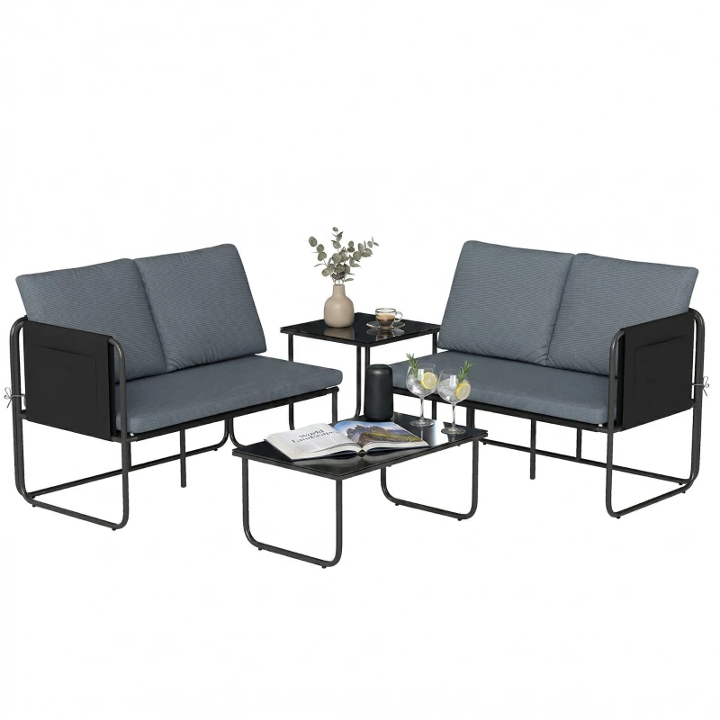 4-Piece Outdoor Garden Set – 2 Two-Seat Sofas, Coffee & Side Glass Tables, Removable Cushions, Textilene, Steel Frame, Gray