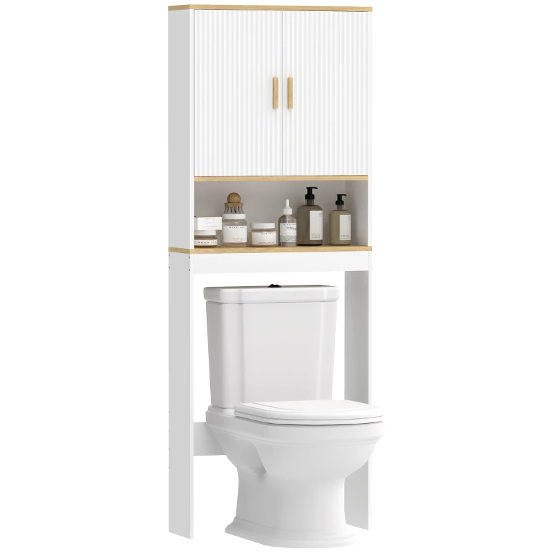 Over-the-Toilet 3-Tier Bathroom Storage Cabinet with Adjustable Shelves, 2 Doors & Open Shelf, White (25.2 x 7.9 x 67.1 in)