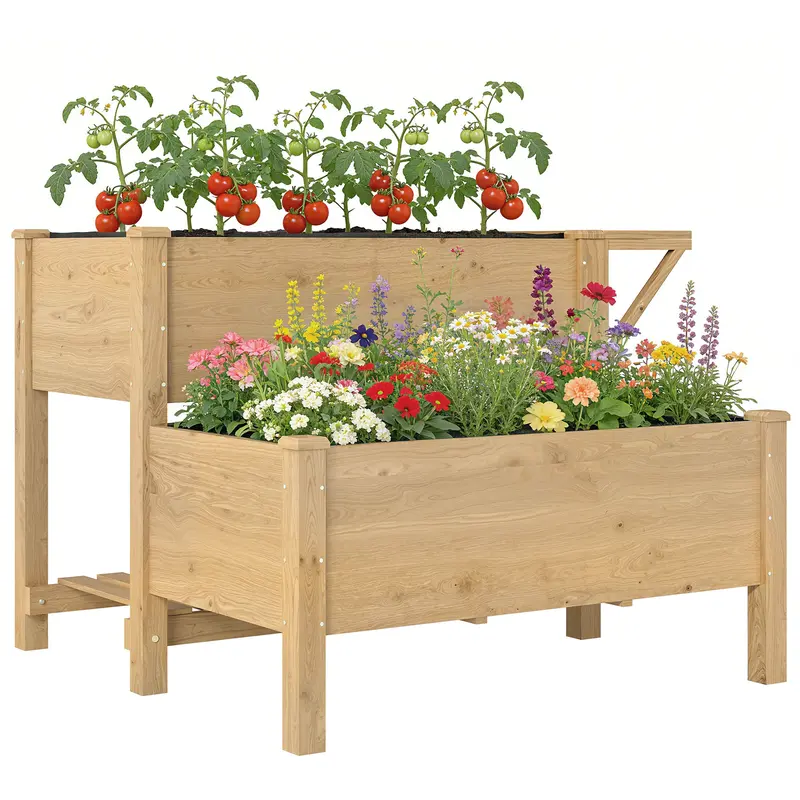 Outsunny 2-Tier Elevated Planter with Fabric Liner, Drainage Holes & Side Shelf, Pine Raised Garden Bed for Garden & Balcony, Ergonomic Design, Light Brown, 119.5 x 102 x 76.5 cm