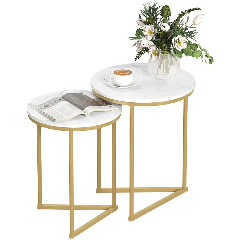2-Piece Side Table Set, Modern Round Coffee Accent Tables with Gold Steel Legs, Nesting Living Room and Bedroom Tables, Gold Tone