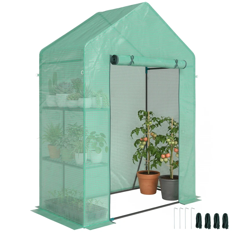 Garden Greenhouse with Roll-Up Door and 2-Tier Shelving, Steel Frame & PE Cover, for Plants, Vegetables, Flowers & Fruit, UV-Resistant, 143 x 73 x 195 cm (56 x 29 x 77 in), Green