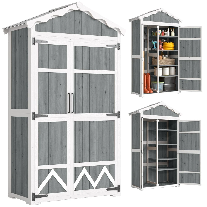 Wooden Garden Shed 105 x 55 x 179 cm (41.3 x 21.7 x 70.5 in) Weatherproof Outdoor Storage Cabinet with 2 Doors, 4 Removable Shelves, Galvanized Metal Roof, Adjustable Feet – Gray