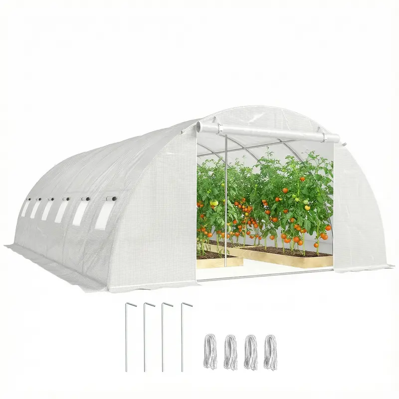 Serre tunnel Outsunny 6 x 4 x 2 m – Structure acier galvanisé, housse PE imperméable anti-UV, portes enroulables et fenêtres moustiquaires, blanche