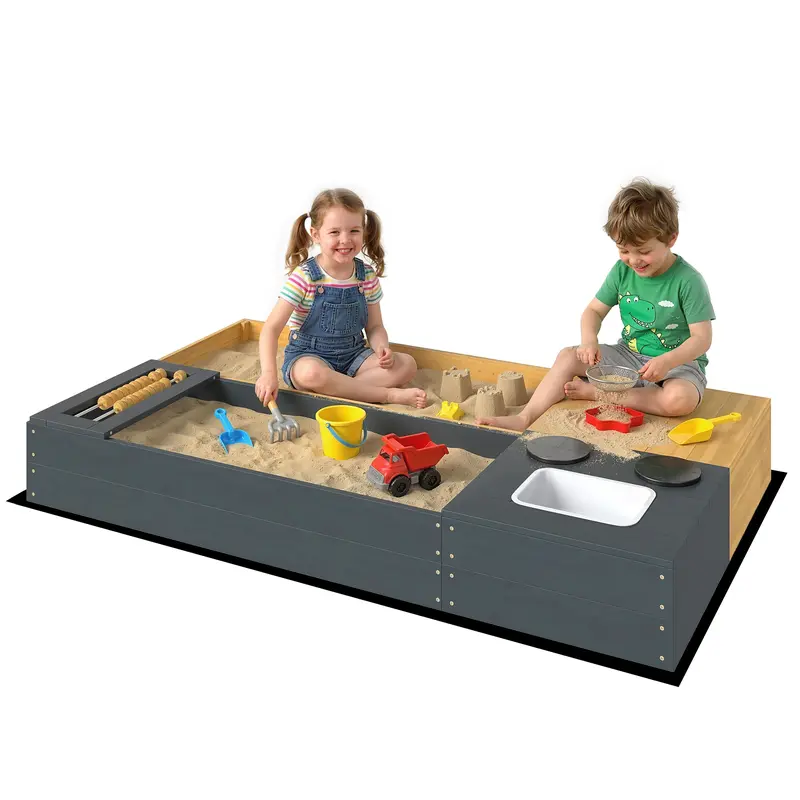 Kids Wooden Sandbox with Bench and Storage, 2-Piece Outdoor Sandpit with Play Stove, Removable Sink and Abacus Beads, Flexible Layout Garden Sand Box for Ages 3-8