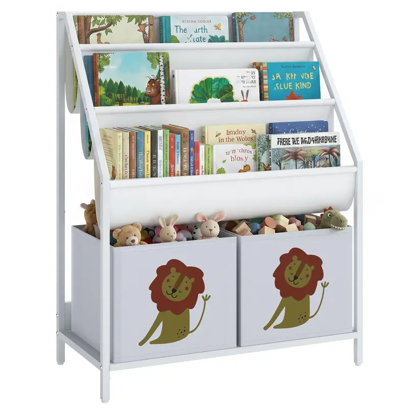 4-Tier Kids' Bookcase — Angled Fabric Shelves & 2 Fabric Drawers, Storage for Bedroom or Playroom, 23.6 x 11.8 x 29.9 in (60 x 30 x 76 cm), White