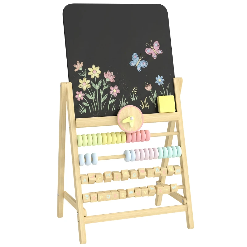 Double-Sided Erasable Kids Easel, Wooden Chalkboard with Stand, Removable Clock, Built-in Abacus, Eraser, Ages 2+, Natural Wood