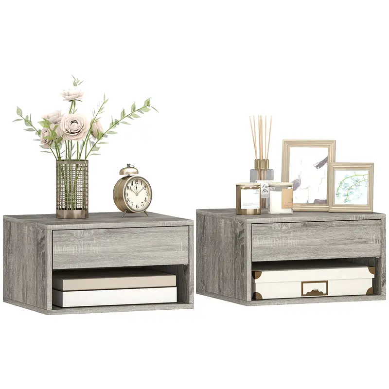 HOMCOM 2er-Set schwebende Nachttische – Schublade & Ablage, Grau