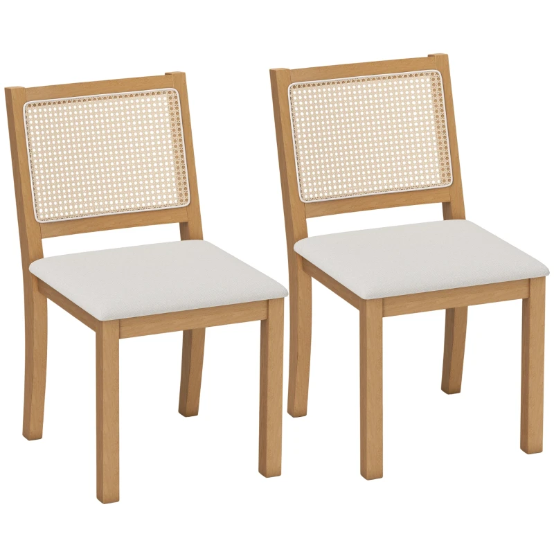 Set of 2 Dining Chairs, Padded Seat, Rattan-Effect Back, Solid Rubberwood Frame, Linen-Style Fabric, Cream & Oak