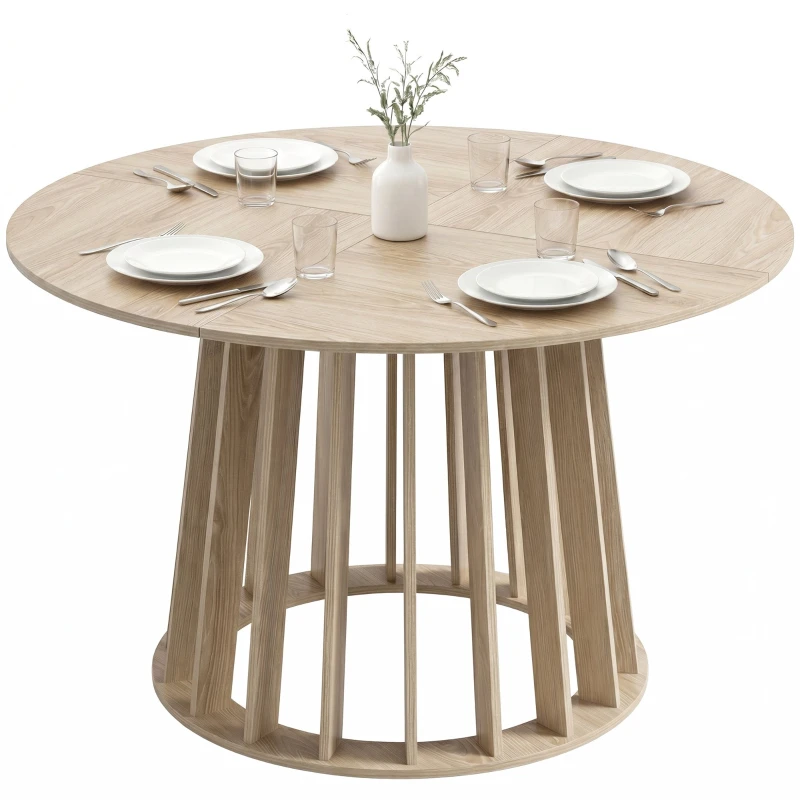 Round Dining Table for 4–6, 120 cm (47.2 in) Diameter x 75 cm (29.5 in) H – Slatted Pedestal, Modern Natural Wood Finish