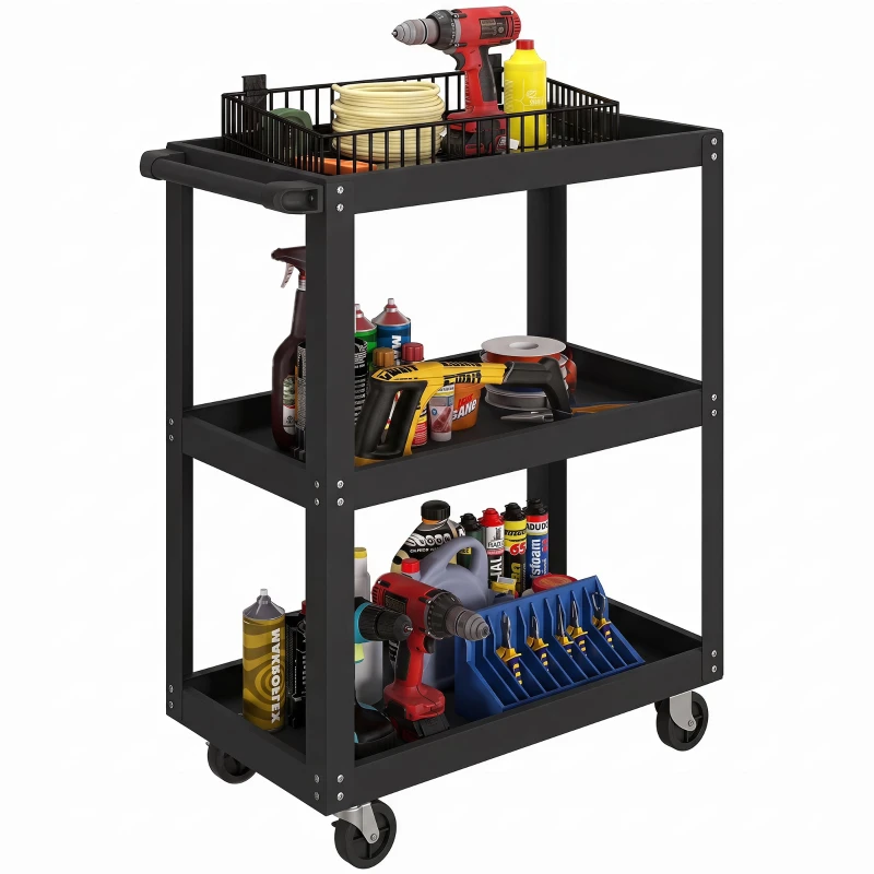 3-Tier Tool Cart with Side Handle and Locking Casters, Workshop Trolley for Garage/Warehouse/DIY Tools, 120 kg (265 lb) Capacity, 70.5 x 35 x 82.5 cm (27.8 x 13.8 x 32.5 in), Black