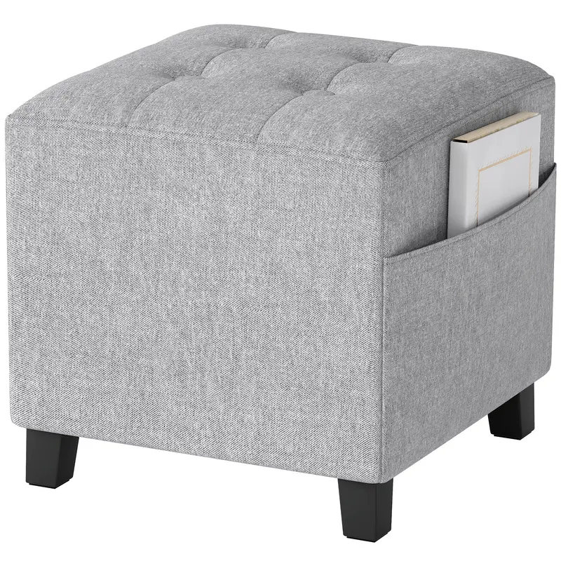 Square Ottoman with Side Pocket, Padded Seat, Rubberwood Legs, Linen-Look Fabric, 13.8 in, Light Gray