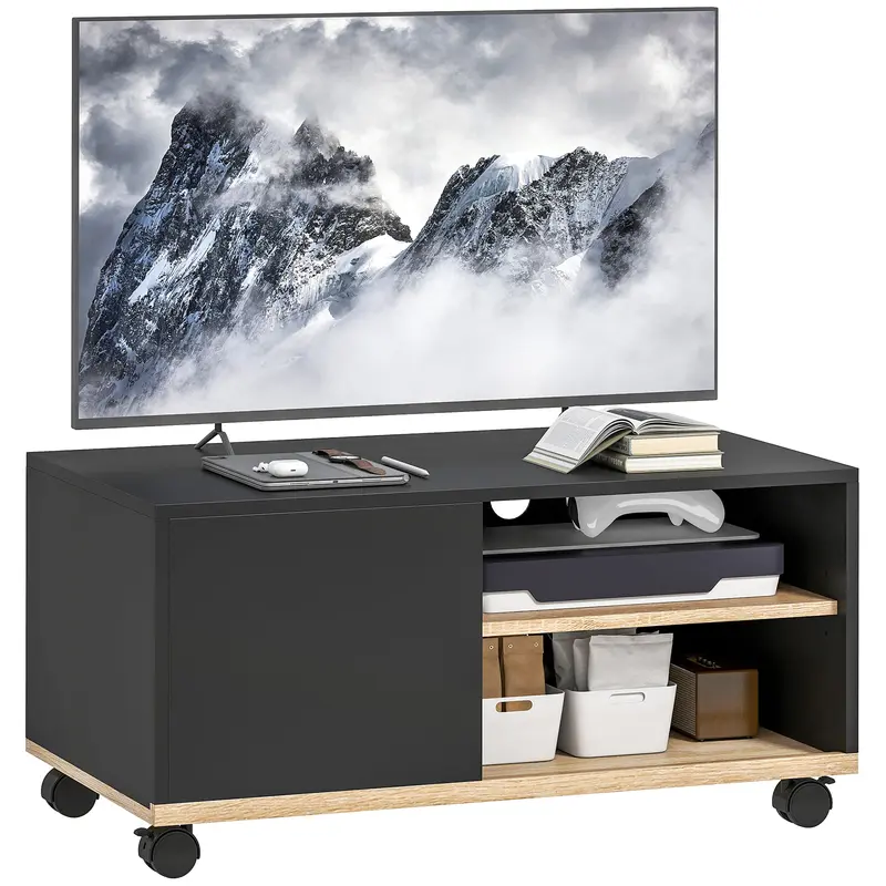 Lowboard TV Stand on Casters with Cabinet, Cable Management & Adjustable Shelf — Fits up to 32" TVs, Black & Oak, 80 x 45 x 41 cm (31.5 x 17.7 x 16.1 in)