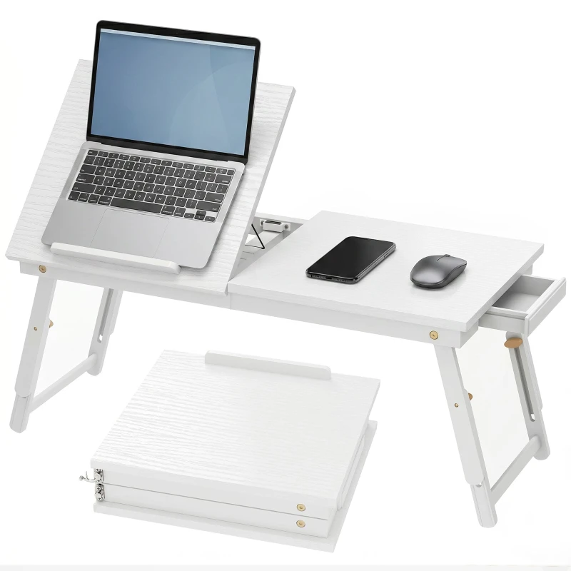 Folding Adjustable Bed Table with Tilt Laptop Tray and Drawer, Bamboo Bed Desk, 32.9 x 13.0 x 9.3–13.4 in, White