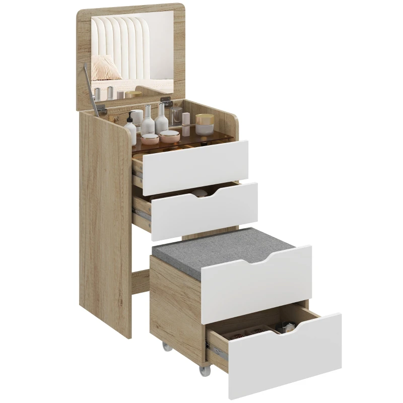 3-in-1 Makeup Station with Flip Mirror, Hidden Padded Stool on Wheels, 3 Drawers, Visible Glass Top, Space-Saving Vanity – Oak & White