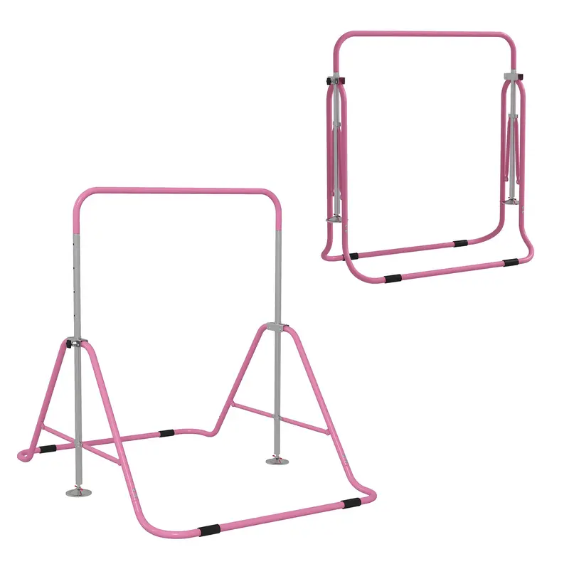 Folding Pull-Up Bar for Kids 3-8 Years, Gymnastics Bar with 5 Adjustable Heights and Steel Structure, 154x106.2x88.5-128.5cm, Pink