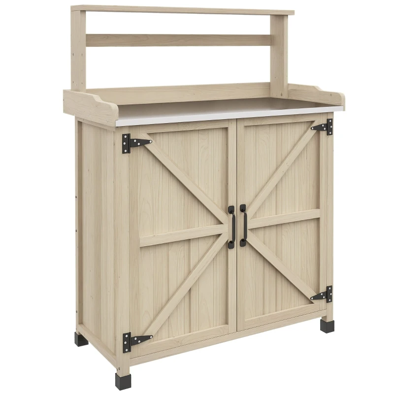 Rustic Potting Bench with Cabinet, Shelves & Galvanized Worktop — Pre-oiled Pine, Natural Wood Finish, 35.6 x 16.1 x 49.0 in