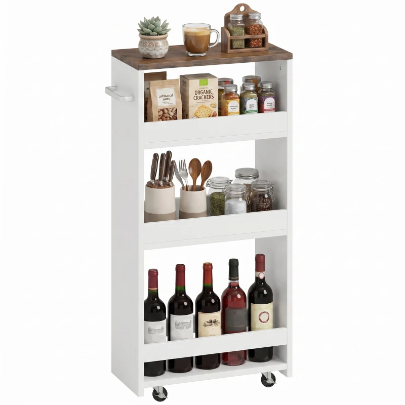 Narrow 3-Tier Rolling Kitchen Cart with Wheels and Side Handle, Space-Saving Utility Trolley for Small Spaces, 15.7 x 7.9 x 33.1 in, White
