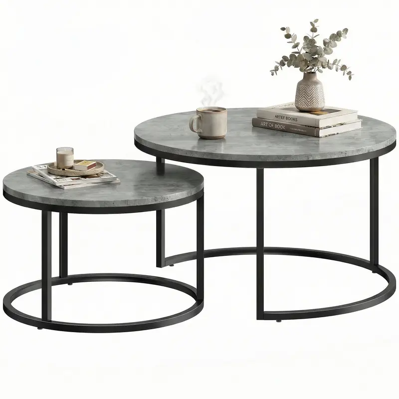HOMCOM Set de 2 tables basses gigognes rondes — Plateau effet béton avec structure métallique, 78,5 x 78,5 x 46,5 cm, gris