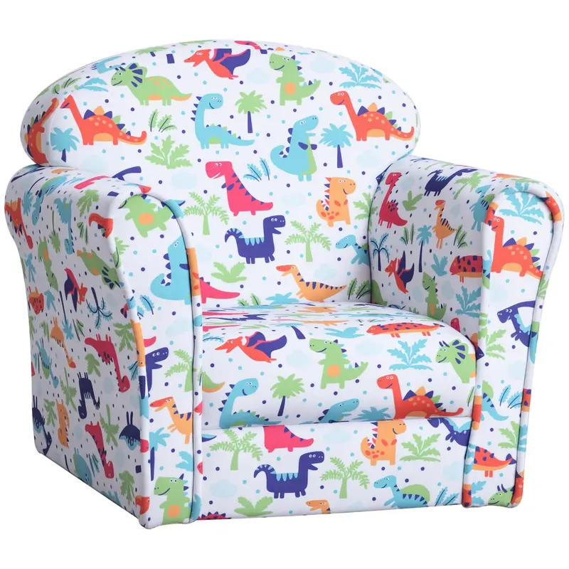 Children's Armchair Sofa for Kids +18 Months with Dinosaur Print Solid Wood Frame Foam Padding and Flannel Upholstery 50x39x44 cm Multicolor