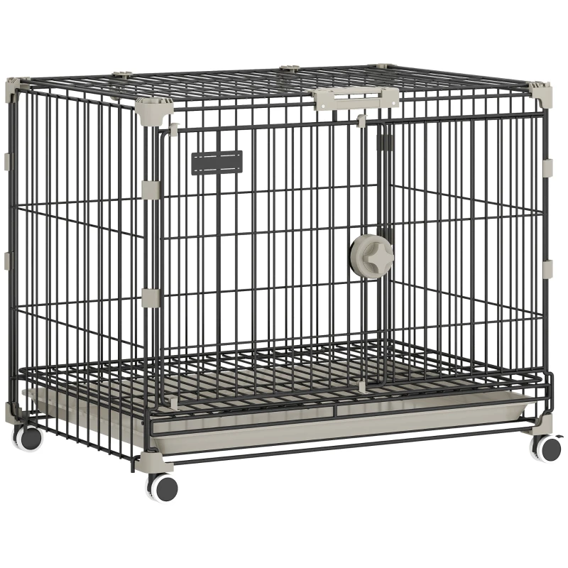 Foldable Dog Crate with Removable Tray, Lockable Top Hatch, Wheels with Brakes, Feeding Door — Indoor Kennel for Small & Medium Dogs, 23.8 x 17.9 x 21.5 in, Black