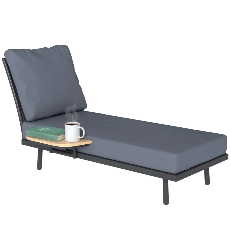 Outdoor Chaise Lounge with Removable Olefin Cushions and Side Shelf, Metal Frame Sun Lounger for Garden and Patio, Gray