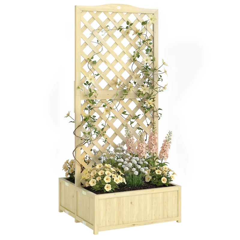 Solid Pine Raised Planter with Trellis — Foldable Double Flower Boxes, 170 cm (66.9") High, Natural