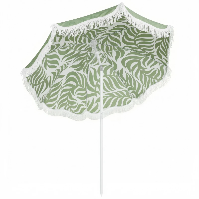 70" Beach Umbrella with Fringe – Adjustable Height & Tilt, Sand Anchor, UPF30+, Leaf Print (Green)