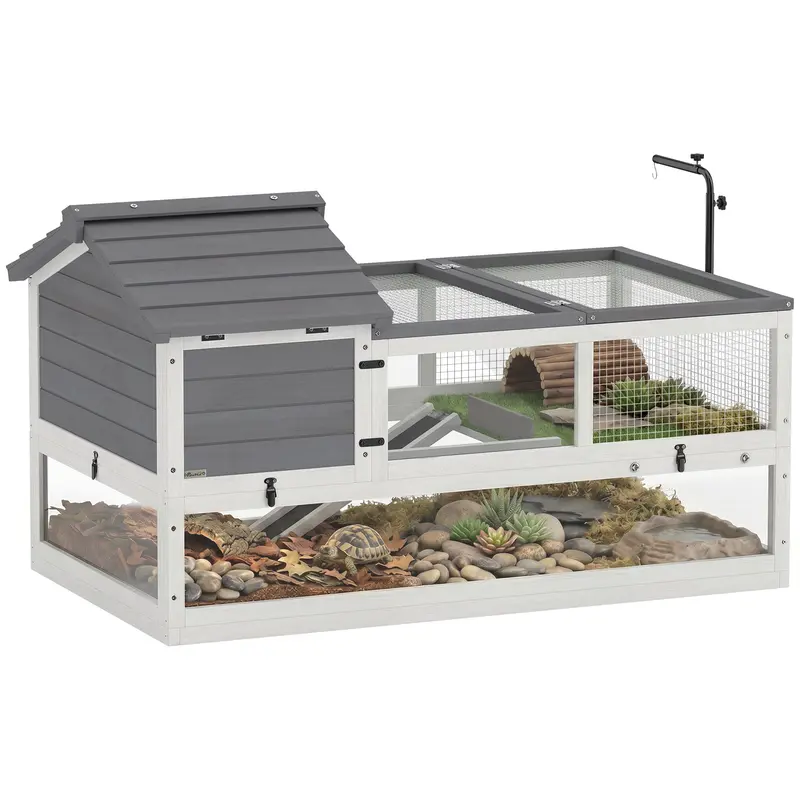 Wooden Turtle House — Two-Level Turtle Enclosure with Hinged Top & Adjustable Lamp Holder, Outdoor Reptile Terrarium for Turtles and Reptiles, 116 x 70.5 x 69.5 cm (45.7 x 27.8 x 27.4 in), Gray