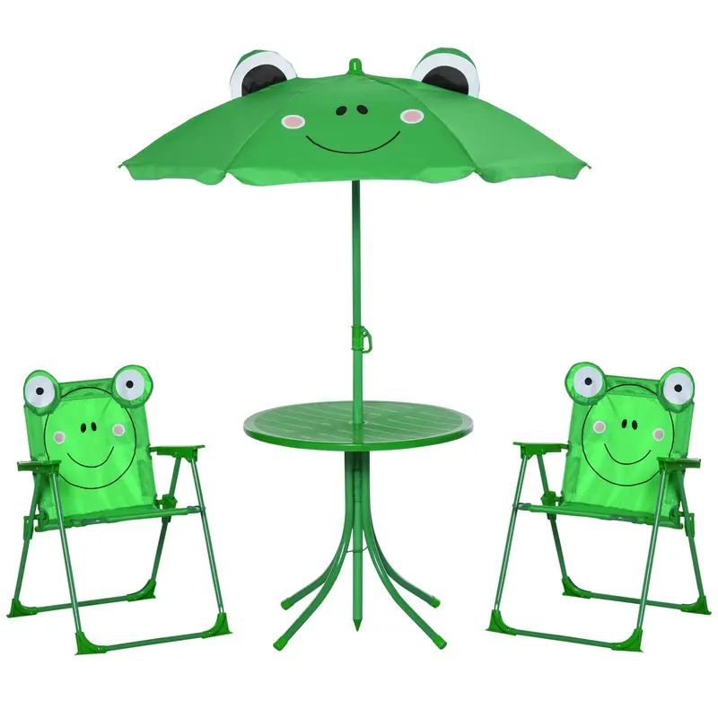 Children's Garden Table and Chairs Set Picnic Foldable Set for Kids Table with Adjustable Umbrella 100-125 cm Frog Design Green