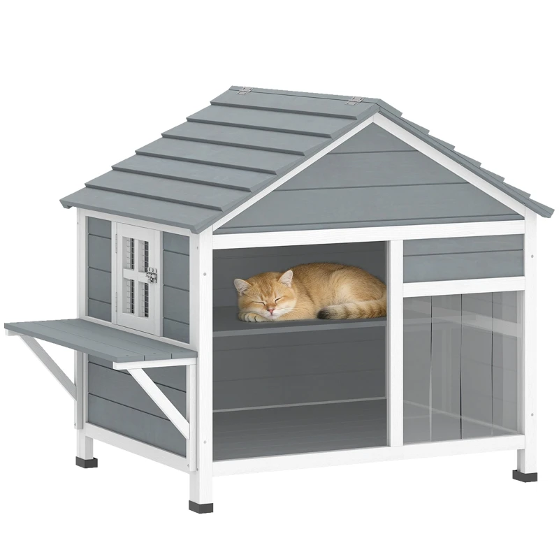 Two-Story Outdoor Cat House — Wooden Elevated Shelter with Opening Roof, Clear Window, Multiple Doors & Side Platform, Fits 1–2 Cats, 101 × 72.5 × 81 cm (39.8 × 28.5 × 31.9 in), Gray